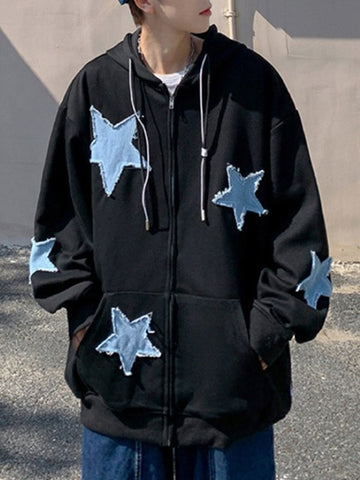 Wiaofellas Y2k Men's Star Patch Hoodies Harajuku Zip Up Oversized Sweatshirts Hip Hop Gothic Loose Pocket Korean Jacket Hoodie Streetwear